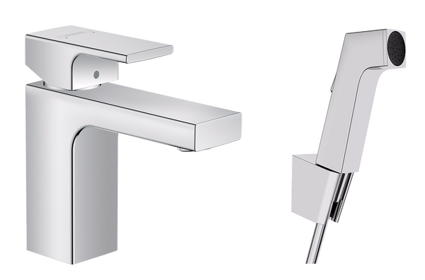 Vernis Shape Single Lever Basin Mixer 100 with Bidette Hand Shower and Shower Hose 160 cm