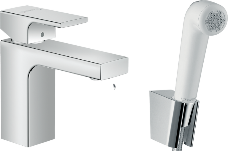 Vernis Shape Single Lever Basin Mixer 100 With Bidette Hand Shower & Shower Hose 160 cm