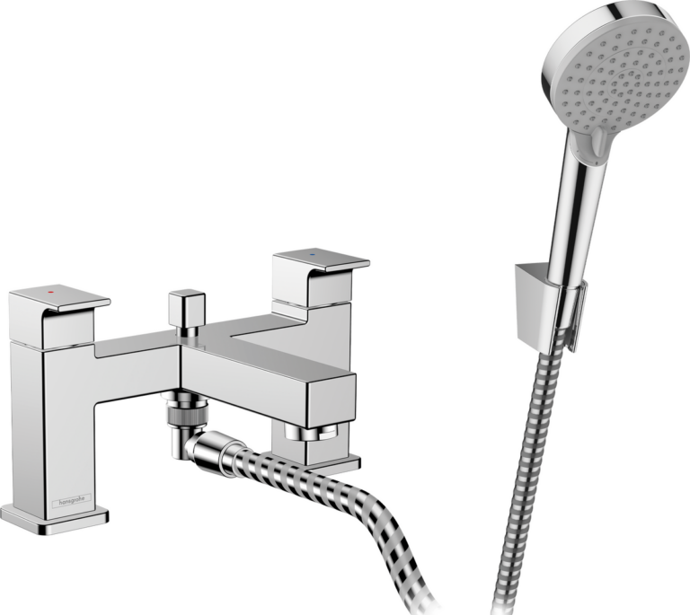 Vernis Shape 2-Hole Rim Mounted Bath Mixer With Diverter Valve & Vernis Blend Hand Shower Vario