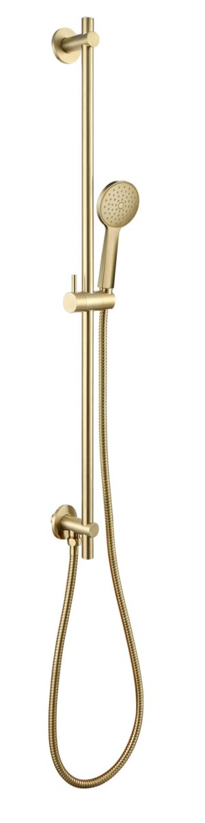 VOS Slide Rail with Round Shower Handle and Hose with Bottom Outlet - Brushed Brass