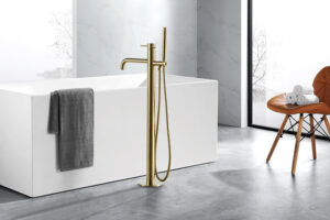 JTP VOS Floor Standing Bath Shower Mixer with Hand Shower Kit - Brushed Brass