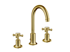 Grosvenor Cross 3-Hole Basin Mixer with Pop-Up Waste with Swivel Spout - Polished Gold