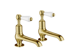 Grosvenor Lever Long Nose Basin Taps - Polished Gold Edition