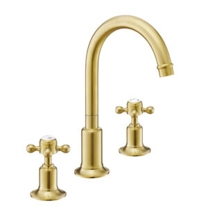 Grosvenor Cross 3-Hole Basin Mixer with Pop-Up Waste with Swivel Spout - Brushed Brass